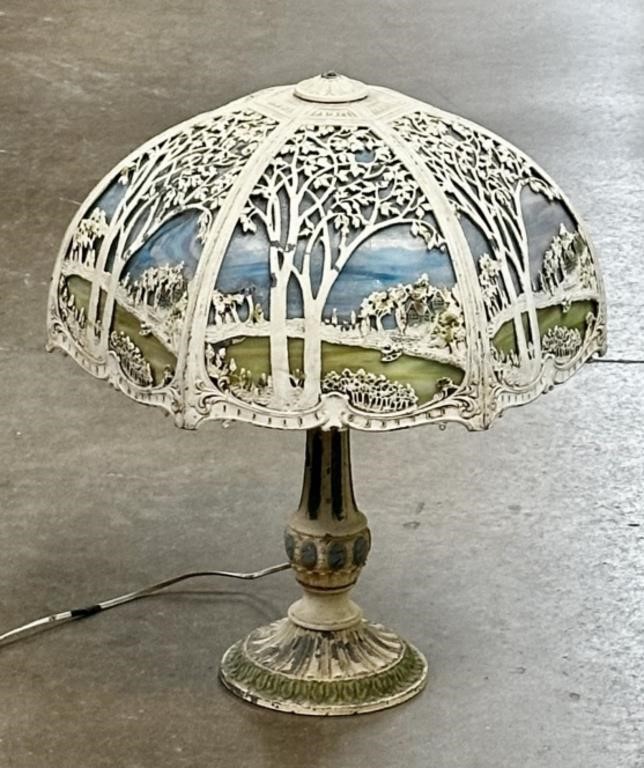 Antique Stained Glass and Metal Lamp