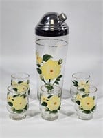 VINTAGE YELLOW FLOWER PAINTED COCKTAIL SHAKER SET