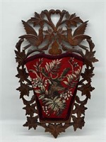 Wood Carved Wall Hanging w/Needlepoint Pocket
