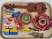 ASSORTED LOT OF CARNIVAL PRIZES ANTIQUE TOY VIOLIN