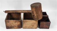 3) ANTIQUE WOOD BOXES AND MALLET