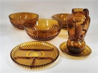7) PIECES VINTAGE AMBER GLASS