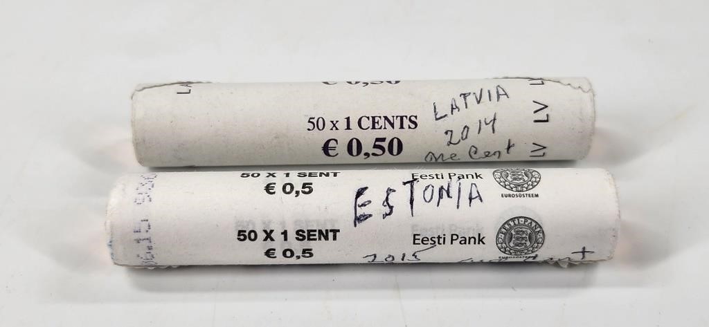 2014 LATVIA & 2015 ESTONIA ROLLS 1 CENT COINS