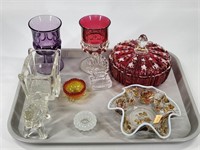 GOOFUS GLASS, CRANBERRY CANDY DISH, GOBLETS, HORSE