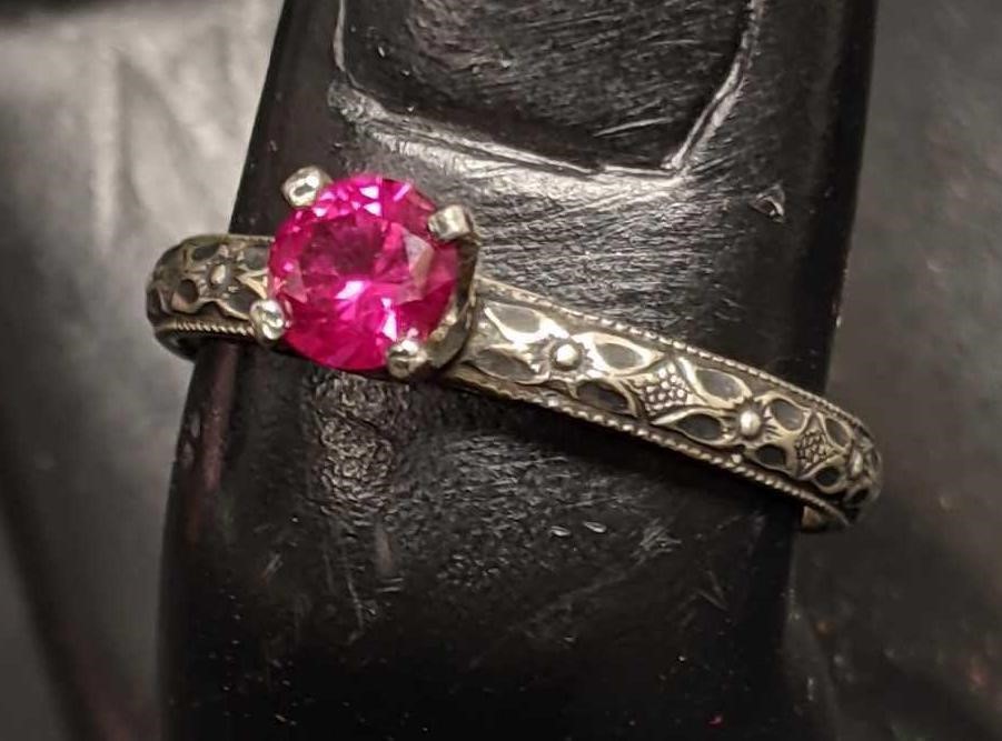 Silver Ruby Ring With Ornate Band