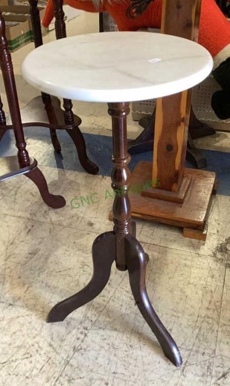 Small three legged wooden marble top plant stand