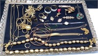 Tray lot of vintage and costume jewelry, gold