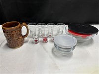 Shot glasses, glass bowls, & pottery mug
