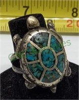 Silver tone and turquoise-like tortoise ring