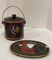 Vintage rooster cookie jar with wicker handle and
