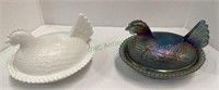 Hen on nest candy dishes includes a milk glass