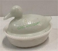 Duck on nest milk glass candy dish measuring 4