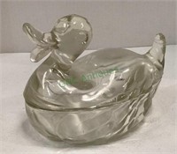 Glass duck candy dish measuring 4 1/2 inches