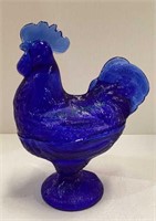 Cobalt blue rooster pedestal candy dish