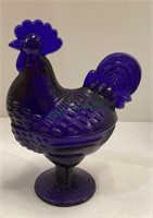 Cobalt blue pedestal rooster on nest candy dish