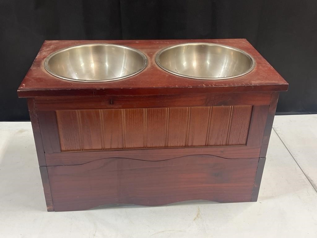 Elevated wood dog water & food bowls