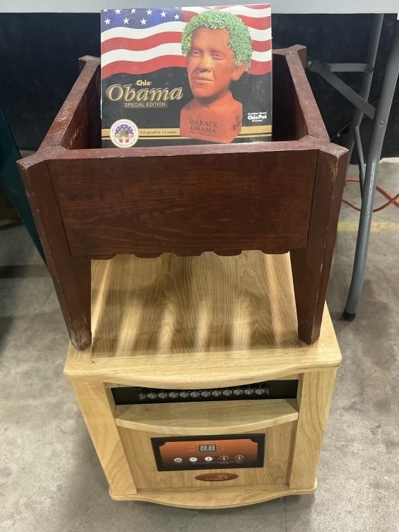 Portable heater, plant stand, Obama chia