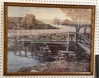 Print by Wysooki of a bridge with a barn in the