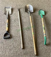 Lot of four garden tools including three shovels