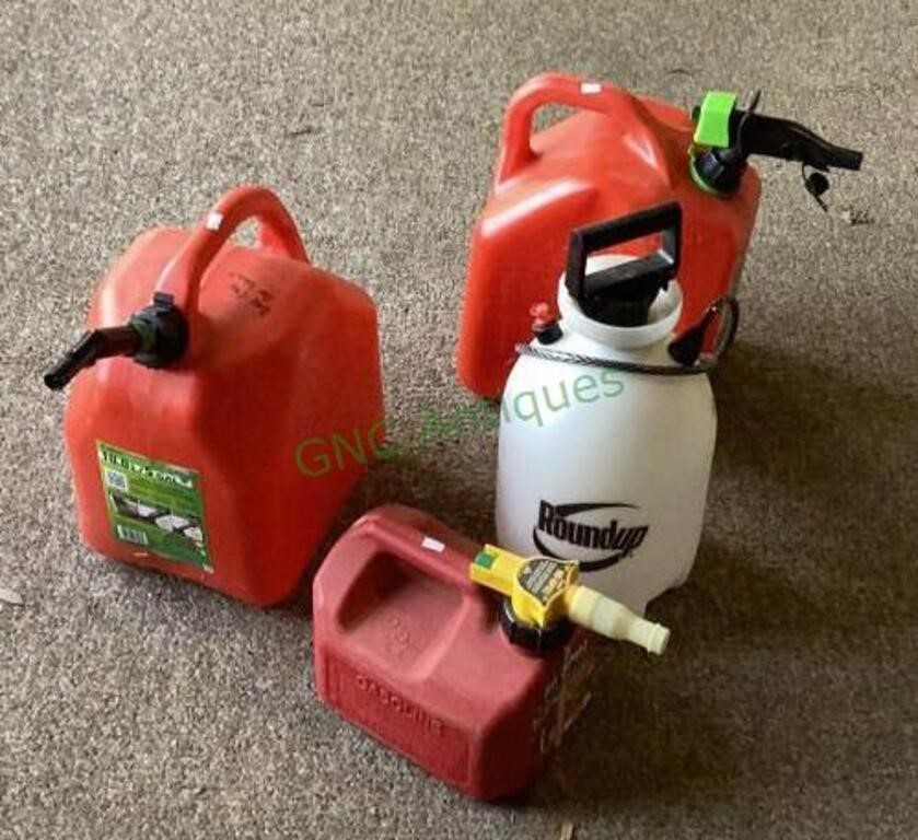 Combined lot includes 25 gallon gas cans, a