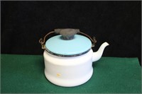 Vintage Enamel Tea Pot White/black Trim Teal Top