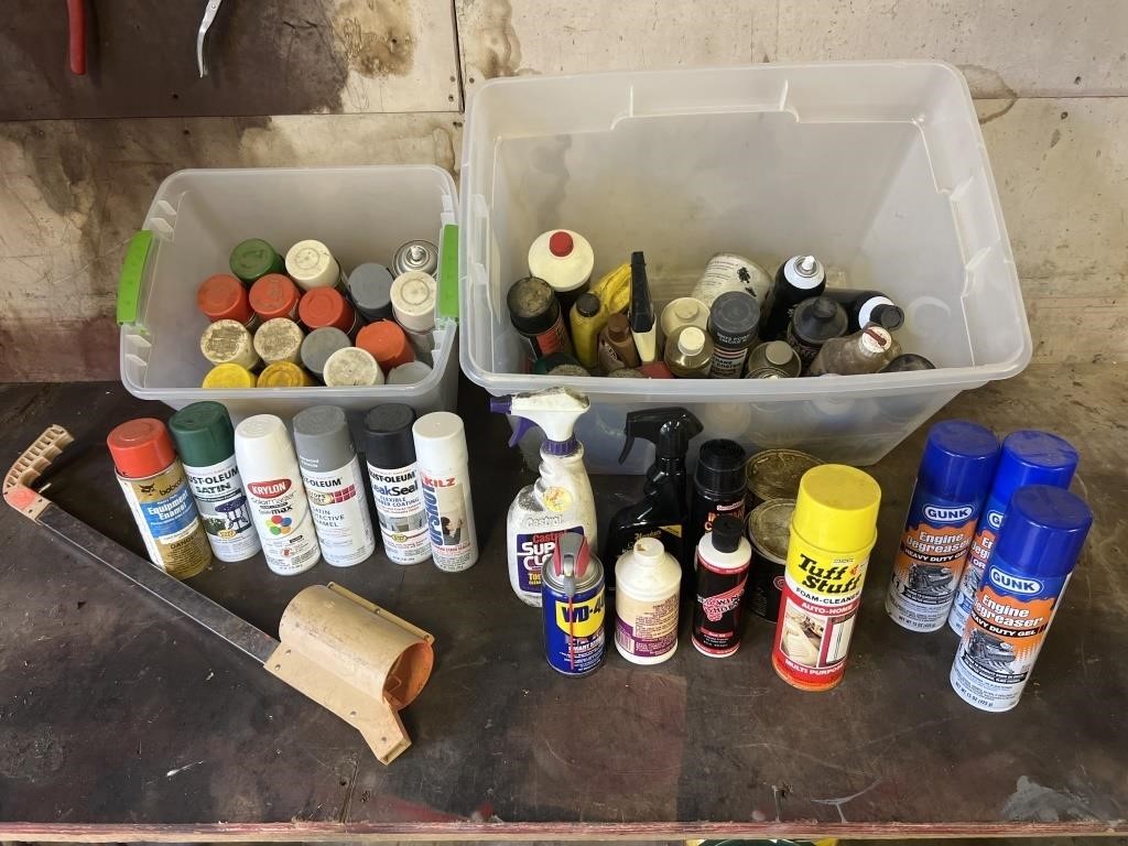 Assorted spray paint, engine degreaser, WD-40