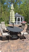 PATIO TABLE, 4 CHAIRS & UMBRELLA W. STAND