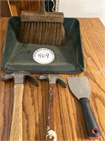 Two hammers, putty knife, dust pan, brush