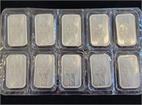 10 - 1ozt Silver .999 Silver Towne Bars