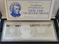 1998 4ozt Silver .999 Bar $20 Jackson