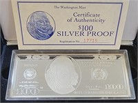 1996 4ozt Silver .999 Bar $100 Franklin