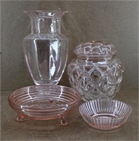 Vintage Pink Glass Vase Lidded Jar & Bowls