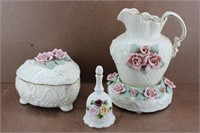 Vtg White Porcelain Lattice Patterned Rose Decor
