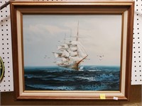 Oil on Canvas Painting of Sail Ship in Frame