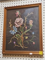 Ornate Flower Needlepoint Art in Gold Frame