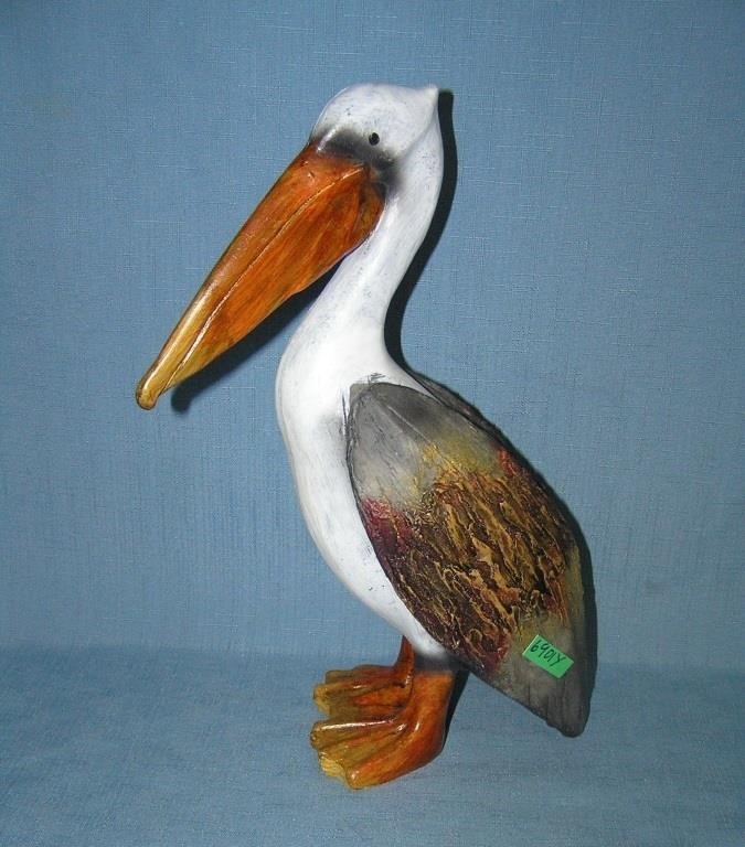 Hand painted carved wood Pelican 12.5" tall