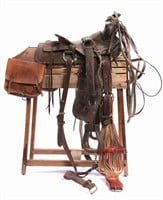 1930's HORSE TACK SADDLE, BRIDLE, WOODEN STAND