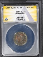 1855 1/2C Braided Hair Half Cent ANACS AU55