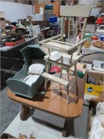 WOOD STOOL WITH DOLL CRADLE & HIGHCHAIR