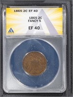 1865 2C Two Cent Piece ANACS EF40 Fancy 5