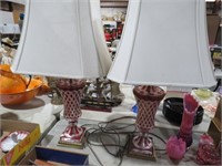 PAIR OF RED CUT TO CLEAR LAMPS WITH SHADES