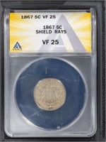 1867 5C Shield Nickel ANACS VF25 with Rays