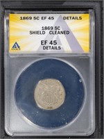 1869 5C Shield Nickel ANACS EF45