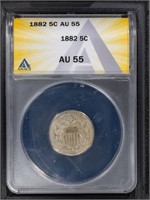 1882 5C Shield Nickel ANACS AU55
