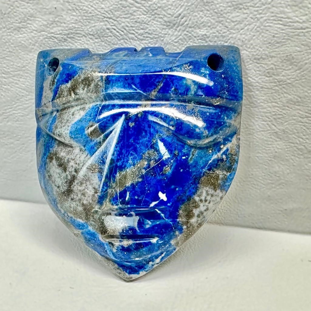 Large Hand-Carved Lapis Lazuli Tribal Mask Pendant