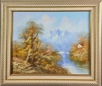JB Framed Oil On Canvas Mountain Scene