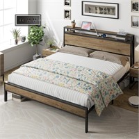 King Bed with Charging Station  Rustic Brown