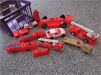 all plastic toy firetrucks&racecar w/purple crate