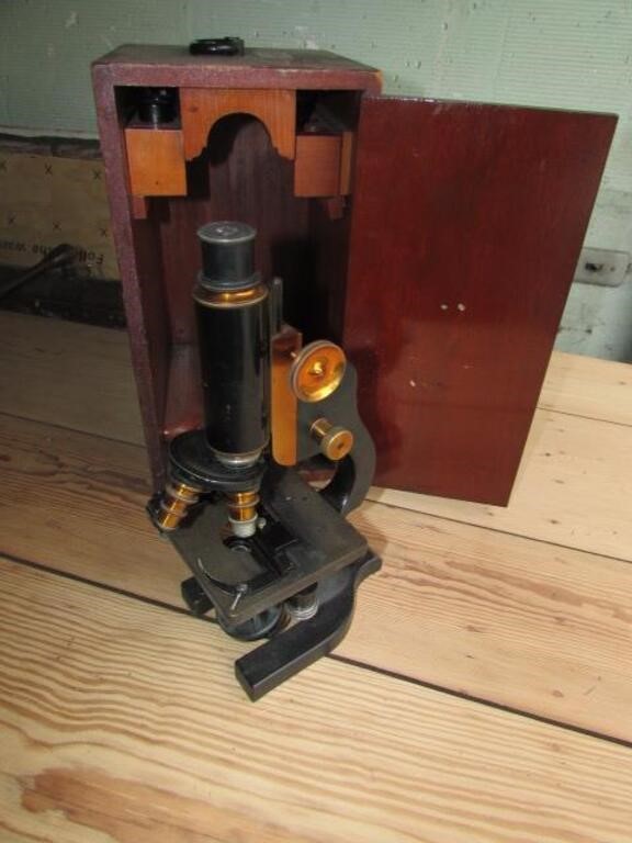 old microscope w/wood box