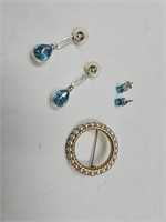 Blue Rhinestone Earrings &VTG Trifari Pearl Brooch